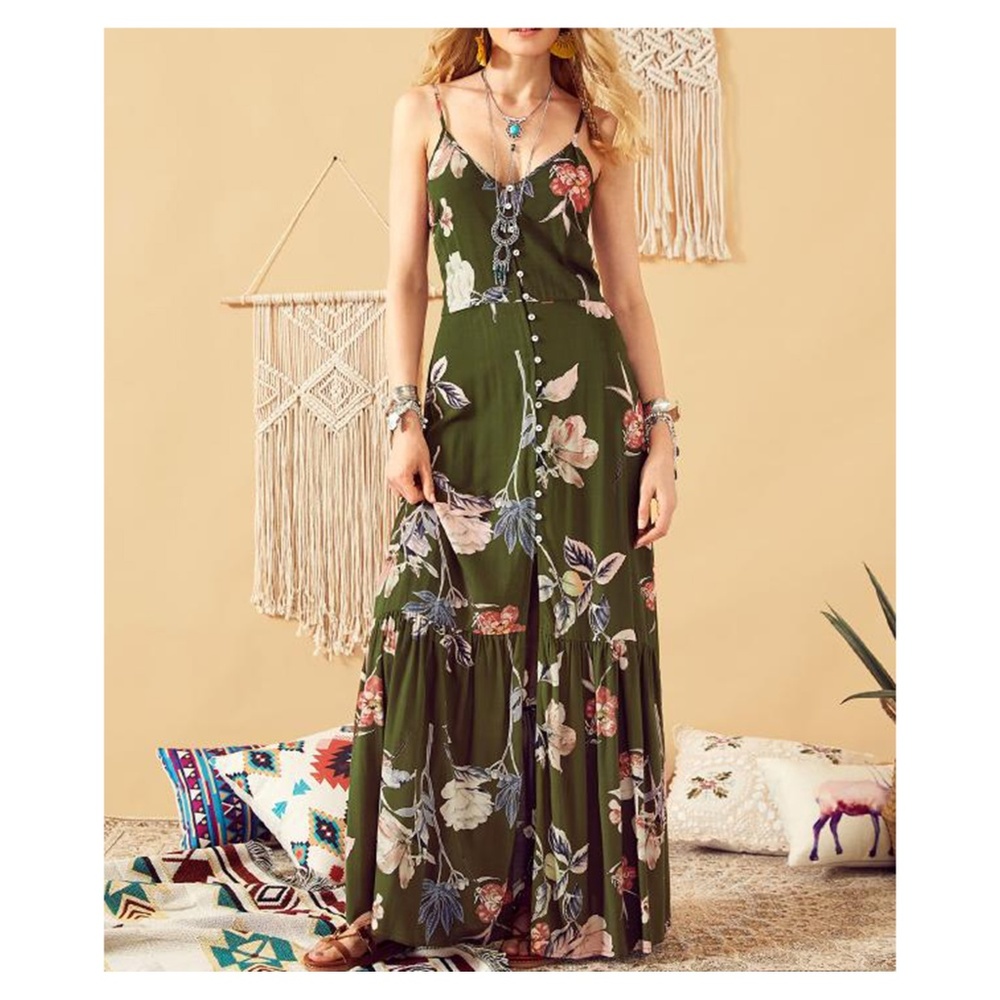 Green Floral Button Down Backless Maxi Dress